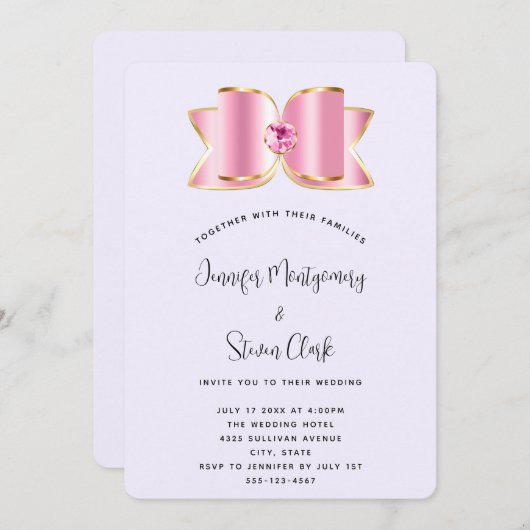 Roze Glam Bow met een Center Edelsteen Bruiloft Kaart (Voorkant / Achterkant)