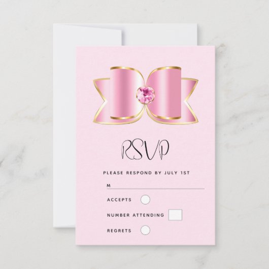 Roze Glam Bow met een Center Edelsteen Bruiloft RSVP Kaartje (Voorkant)
