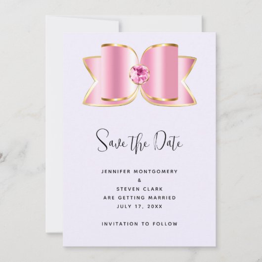 Roze Glam Bow met een Center Edelsteen Bruiloft Save The Date (Voorkant)