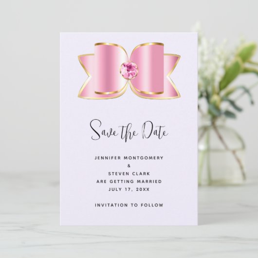 Roze Glam Bow met een Center Edelsteen Bruiloft Save The Date (Staand voorkant)