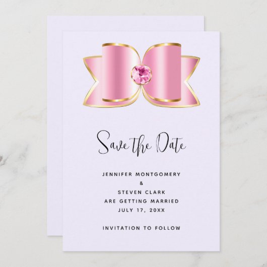 Roze Glam Bow met een Center Edelsteen Bruiloft Save The Date (Voorkant / Achterkant)