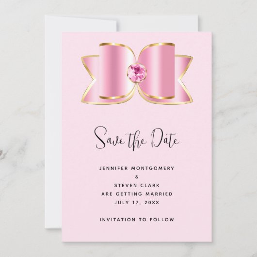 Roze Glam Bow met een Center Edelsteen Bruiloft Save The Date (Voorkant)