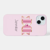 Roze Glam Bow met een Center Edelsteen iPhone 15 Case (Achterkant horizontaal)