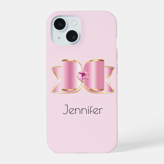Roze Glam Bow met een Center Edelsteen iPhone 15 Case (Achterkant)