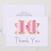 Roze Glam Bow met een Center Edelsteen Party Bedankkaart (Voorkant / Achterkant)