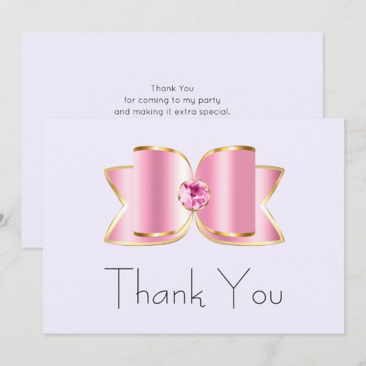 Roze Glam Bow met een Center Edelsteen Party Bedankkaart (Voorkant / Achterkant)