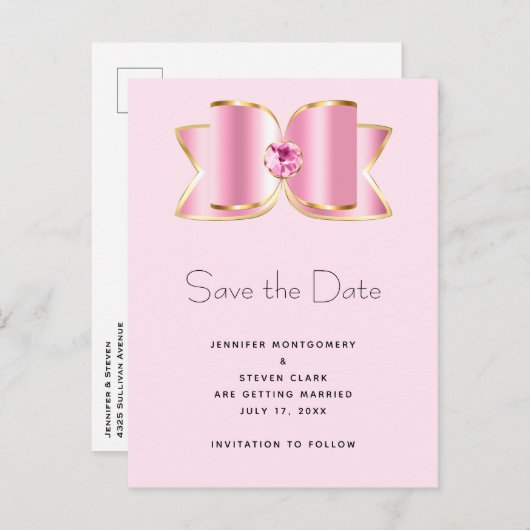 Roze Glam Bow met een Center Edelsteen Save the Da Uitnodiging Briefkaart (Voorkant / Achterkant)