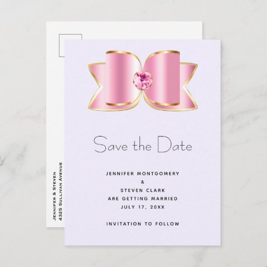 Roze Glam Bow met een Center Edelsteen Save the Da Uitnodiging Briefkaart (Voorkant / Achterkant)