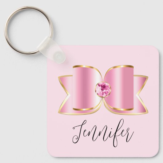 Roze Glam Bow met een Center Edelsteen Sleutelhanger (Voorkant)