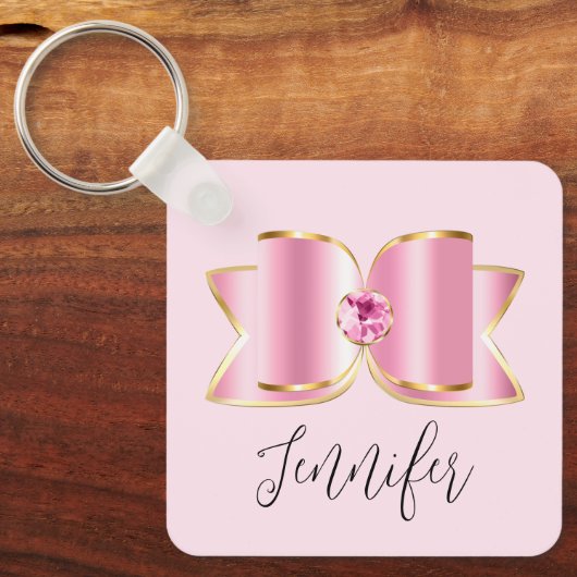 Roze Glam Bow met een Center Edelsteen Sleutelhanger (Voorkant)