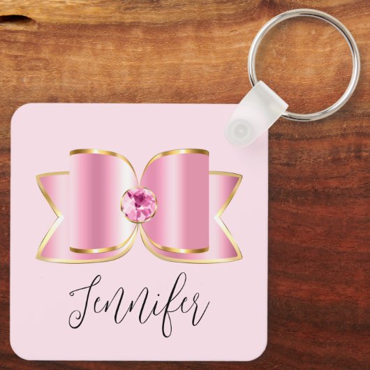 Roze Glam Bow met een Center Edelsteen Sleutelhanger (Achterkant)