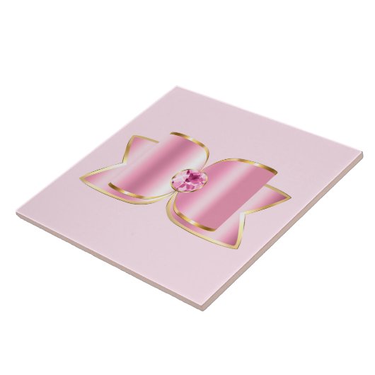 Roze Glam Bow met een Center Edelsteen Tegeltje (Zijkant)