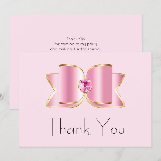 Roze Glam Bow met een Center Edelsteen Verjaardag Bedankkaart (Voorkant / Achterkant)