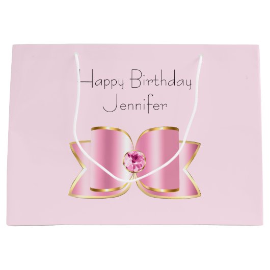 Roze Glam Bow met een Center Edelsteen Verjaardag Groot Cadeauzakje (Voorkant)