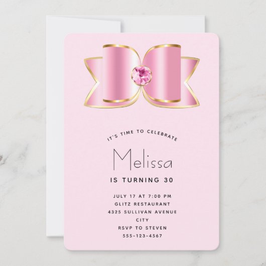 Roze Glam Bow met een Center Edelsteen Verjaardag Kaart (Voorkant)