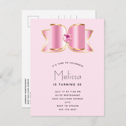 Roze Glam Bow met een Center Edelsteen Verjaardag Uitnodiging Briefkaart (Voorkant / Achterkant)