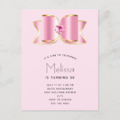 Roze Glam Bow met een Center Edelsteen Verjaardag Uitnodiging Briefkaart (Voorkant)