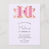 Roze Glam Bow met een Center Edelsteen Verjaardag Uitnodiging Briefkaart (Voorkant)