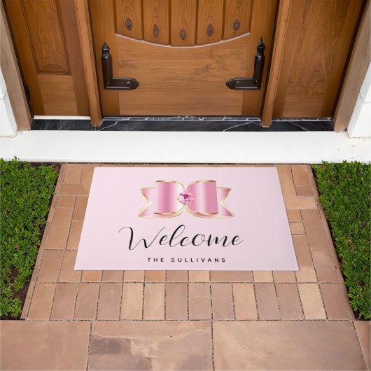 Roze Glam Bow met een Center Edelsteen Welkom Deurmat (Buiten)