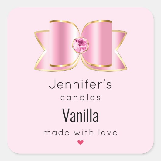 Roze Glam Bow met een Center Gem Candle Business Vierkante Sticker (Voorkant)