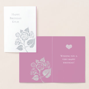 Roze Glam Diamanten Roos Bloemige Verjaardag Folie Kaarten