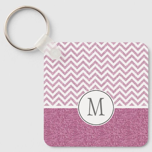 Roze Glam Faux Glitter Chevron Sleutelhanger (Voorkant)