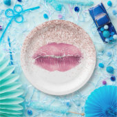 Roze Glam Glitz Glitter Lippen Papieren Bordje (Feest)