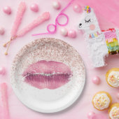 Roze Glam Glitz Glitter Lippen Papieren Bordje (Feest)