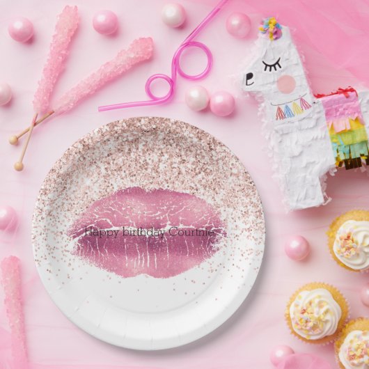 Roze Glam Glitz Glitter Lippen Papieren Bordje (Feest)