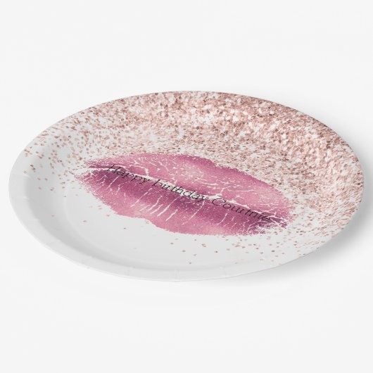 Roze Glam Glitz Glitter Lippen Papieren Bordje (Gekanteld)