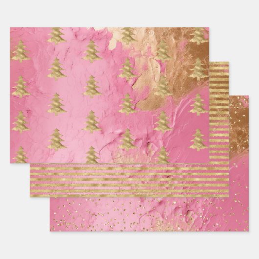 Roze Glam Goud Kerstboom Strepen Sparkle Inpakpapier Vel (Set)