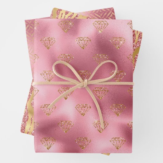 Roze Glam Gouden Diamanten Inpakpapier Vel (In situ)