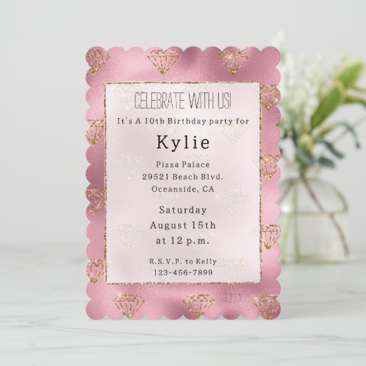 Roze Glam Gouden Diamanten Kaart (Staand voorkant)