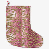 Roze Glam Gouden Glitter Zebra Print Grote Kerstsok (Voorkant)