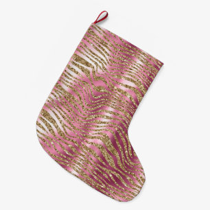 Roze Glam Gouden Glitter Zebra Print Grote Kerstsok