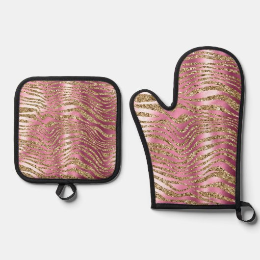 Roze Glam Gouden Glitter Zebra Print Ovenwant & Pannenlap Set (Voorkant)