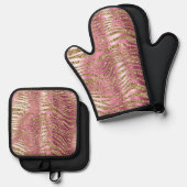 Roze Glam Gouden Glitter Zebra Print Ovenwant & Pannenlap Set (Voorkant / Achterkant)