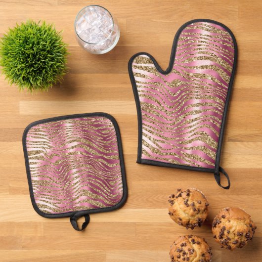 Roze Glam Gouden Glitter Zebra Print Ovenwant & Pannenlap Set (Top down)