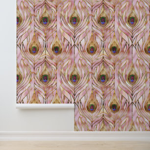 Roze Glam gouden pauwenveren Behang