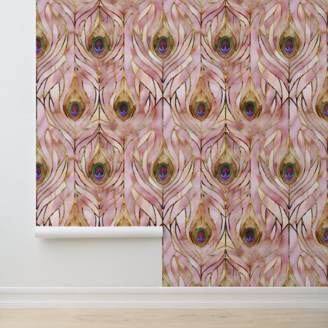 Roze Glam gouden pauwenveren Behang (Applicatie)