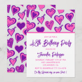 Roze Glam Heart Pattern 48e verjaardagsuitnodiging Kaart (Voorkant / Achterkant)