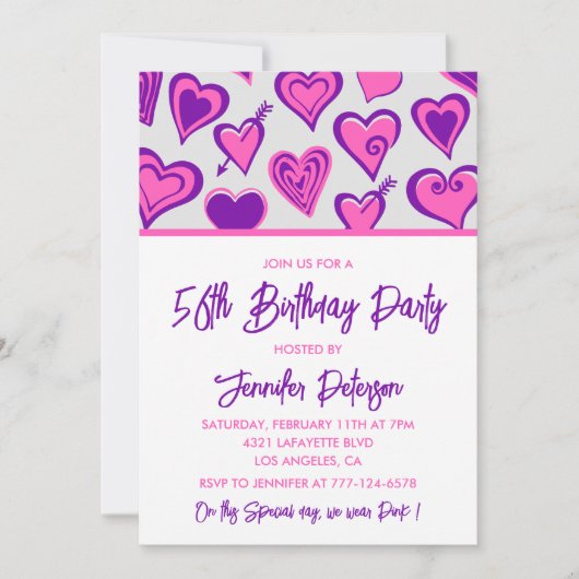 Roze Glam Heart Pattern 56e verjaardagsuitnodiging Kaart (Voorkant)