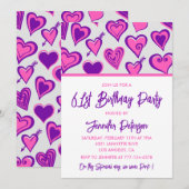 Roze Glam Heart Pattern 61e verjaardagsuitnodiging Kaart (Voorkant / Achterkant)