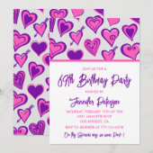 Roze Glam Heart Pattern 69e verjaardagsuitnodiging Kaart (Voorkant / Achterkant)