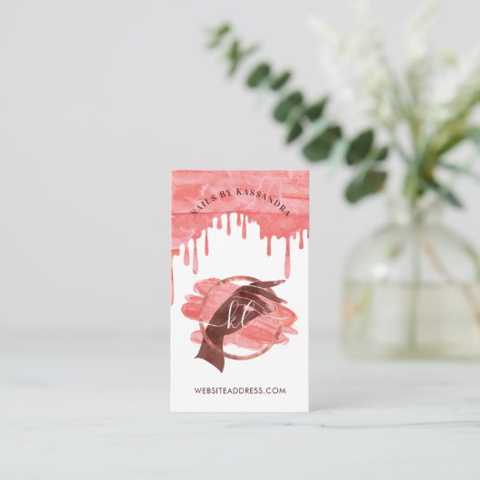 Roze Glam Nail Art Manicure Salon Script Monogram Visitekaartje (Staand voorkant)