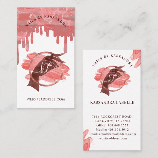 Roze Glam Nail Art Manicure Salon Script Monogram Visitekaartje (Voorkant / Achterkant)