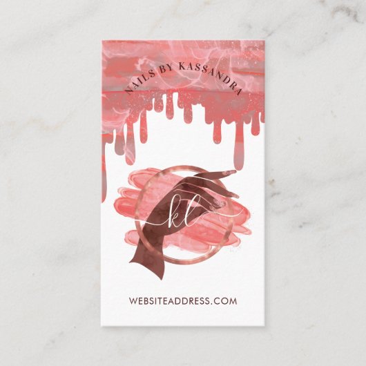Roze Glam Nail Art Manicure Salon Script Monogram Visitekaartje (Voorkant)