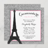 Roze glam Paris Faux Silver Glitter Quinceanera Kaart (Voorkant / Achterkant)