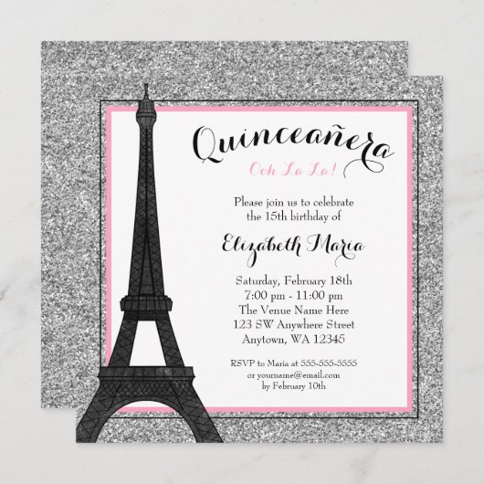 Roze glam Paris Faux Silver Glitter Quinceanera Kaart (Voorkant / Achterkant)