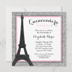 Roze glam Paris Faux Silver Glitter Quinceanera Kaart